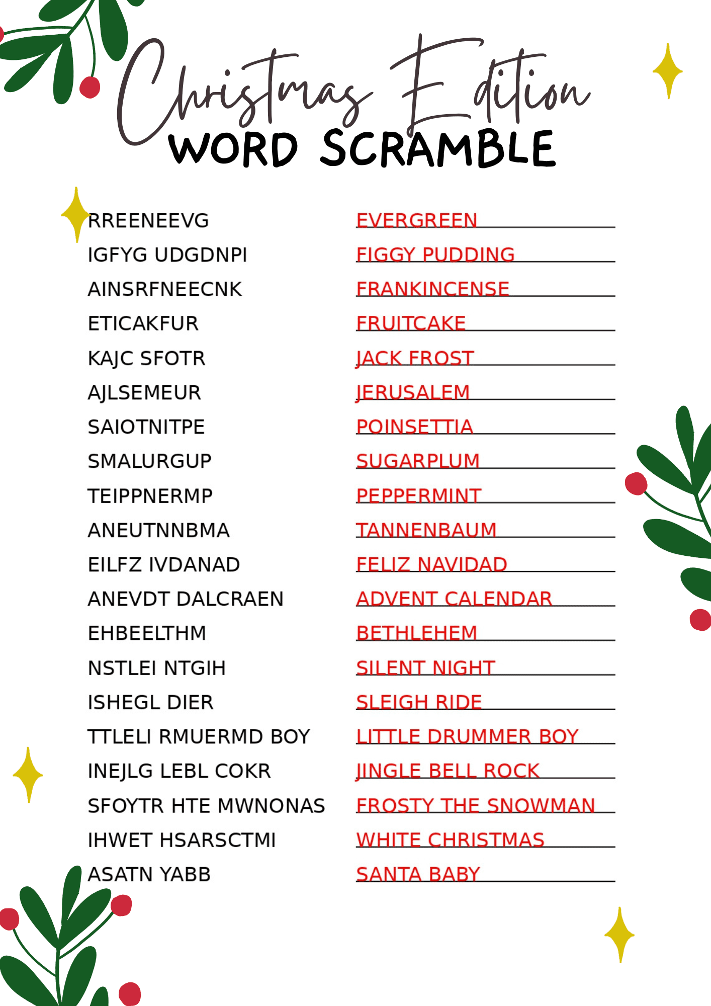 free christmas word scramble printables for 2025 - crazy laura